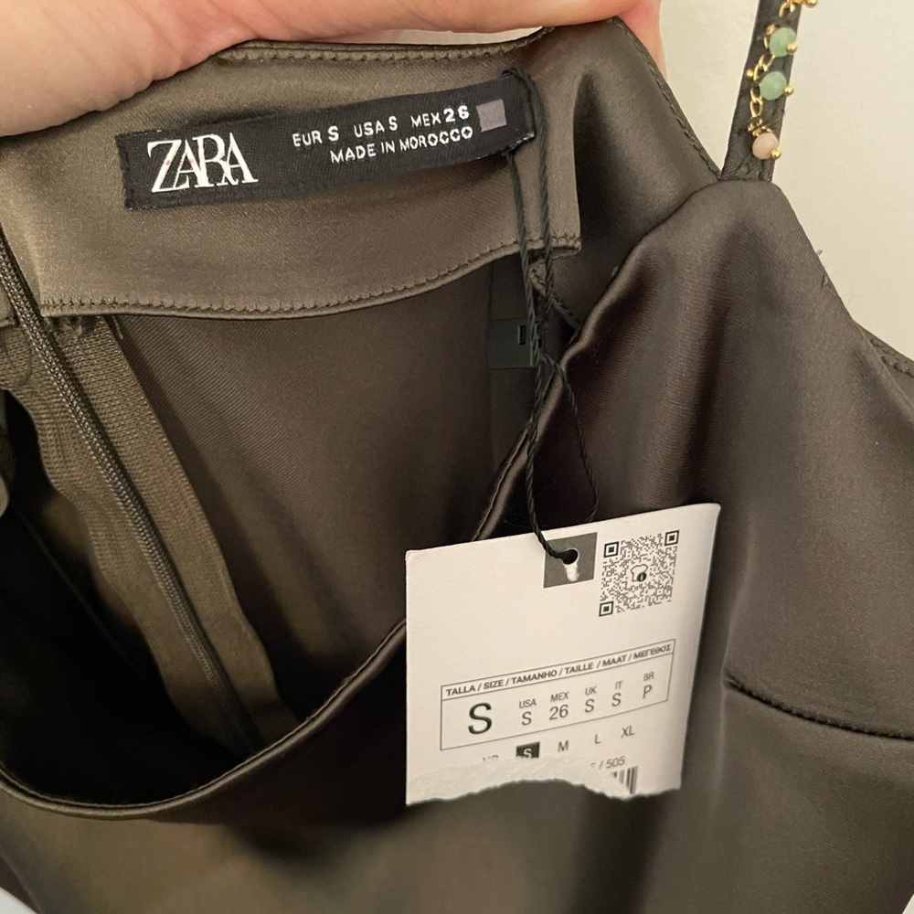 ZARA | NWT Satin Effect Beaded Slip Midi Dress in Khaki/Olive Green, Size Small - Picture 9 of 12